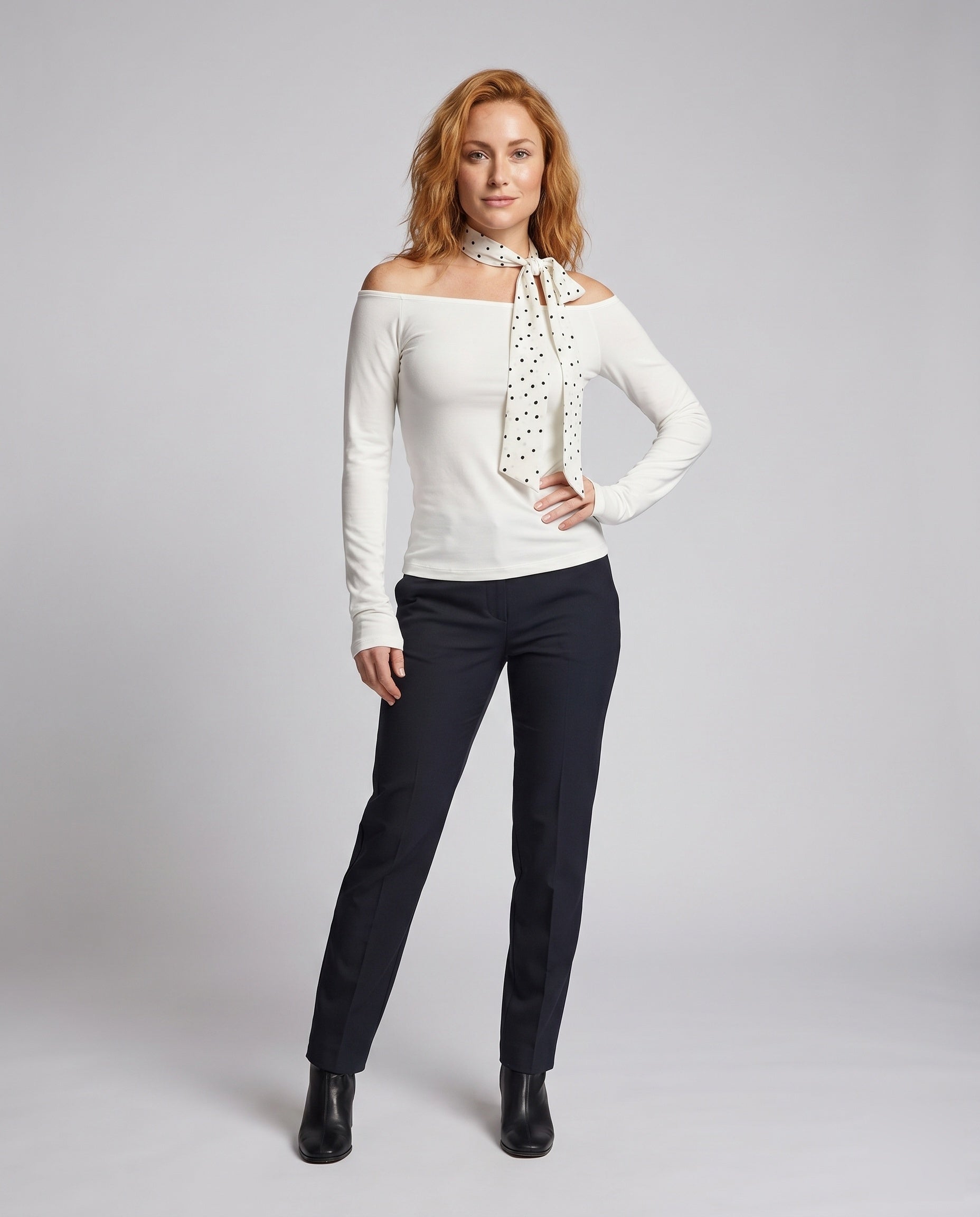 Women's Blouse Top with Decorative Bow Accent and Open Shoulders - Front View