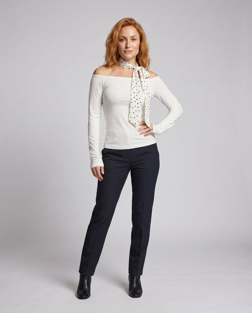 Women's Blouse Top with Decorative Bow Accent and Open Shoulders - Front View