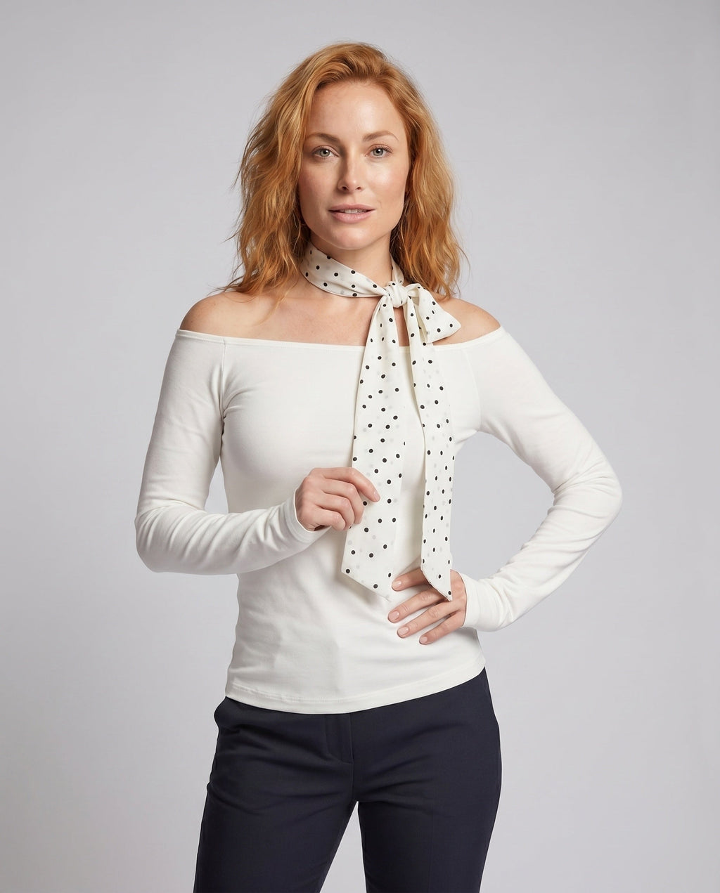 Women's Blouse Top with Decorative Bow Accent and Open Shoulders - Upper Body View