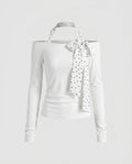Women's Blouse Top with Decorative Bow Accent and Open Shoulders