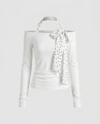Women's Blouse Top with Decorative Bow Accent and Open Shoulders