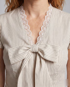 Women's Blouse Shirt with Decorative Bow Design, Fine Ruffle Details - Close-Up Detail