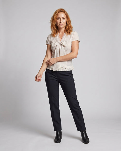 Women's Blouse Shirt with Decorative Bow Design, Fine Ruffle Details - Front View