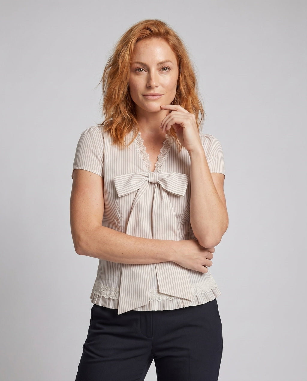 Women's Blouse Shirt with Decorative Bow Design, Fine Ruffle Details - Upper Body View