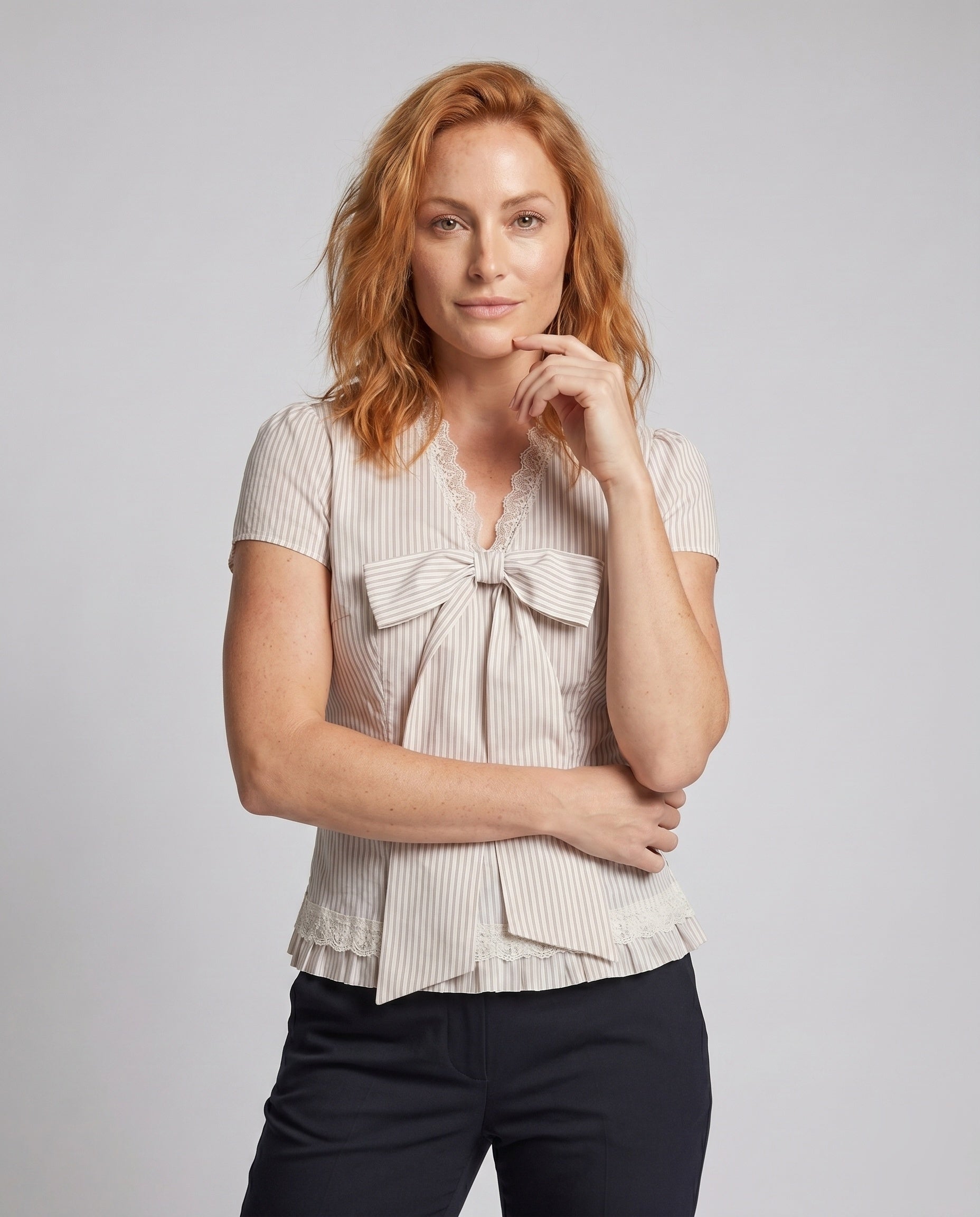 Women's Blouse Shirt with Decorative Bow Design, Fine Ruffle Details - Upper Body View