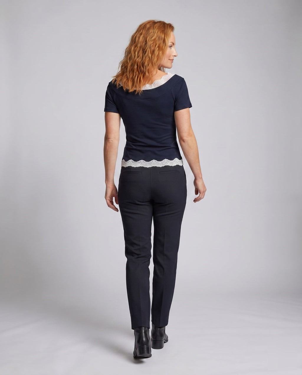 Women's Blouse Shirt with Elegant Lace Neckline and Decorative Bow - Back View