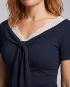 Women's Blouse Shirt with Elegant Lace Neckline and Decorative Bow - Close-Up Detail