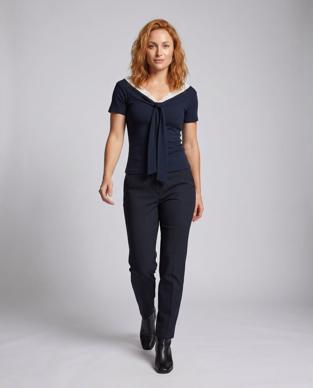 Women's Blouse Shirt with Elegant Lace Neckline and Decorative Bow - Front View