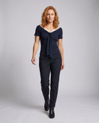 Women's Blouse Shirt with Elegant Lace Neckline and Decorative Bow - Front View