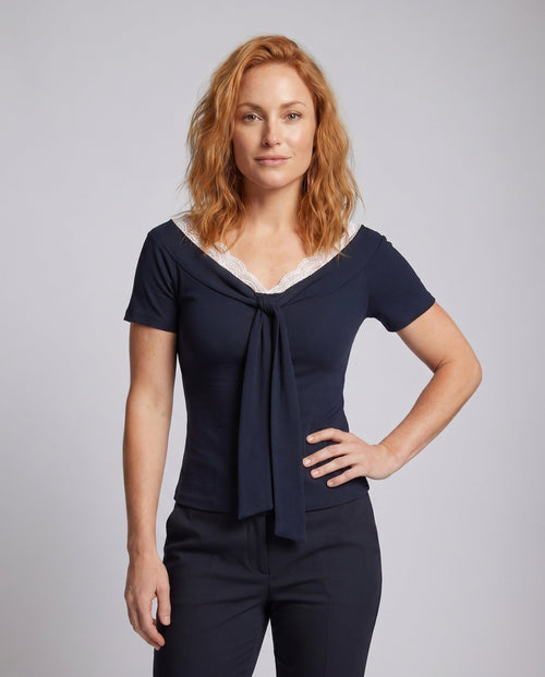 Women's Blouse Shirt with Elegant Lace Neckline and Decorative Bow - Upper Body View