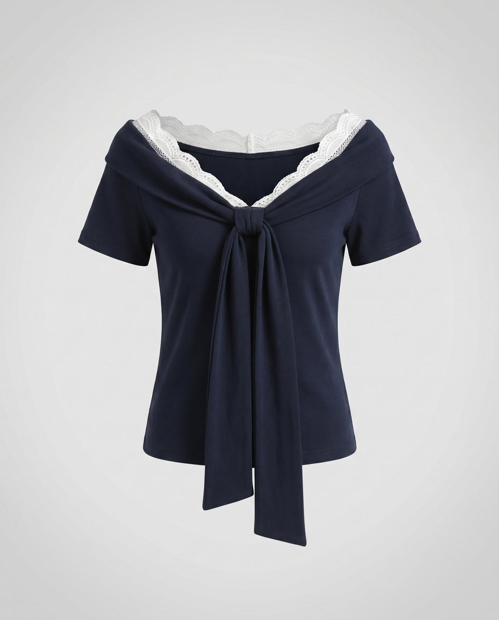 Women's Blouse Shirt with Elegant Lace Neckline and Decorative Bow