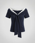 Women's Blouse Shirt with Elegant Lace Neckline and Decorative Bow
