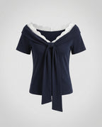 Women's Blouse Shirt with Elegant Lace Neckline and Decorative Bow