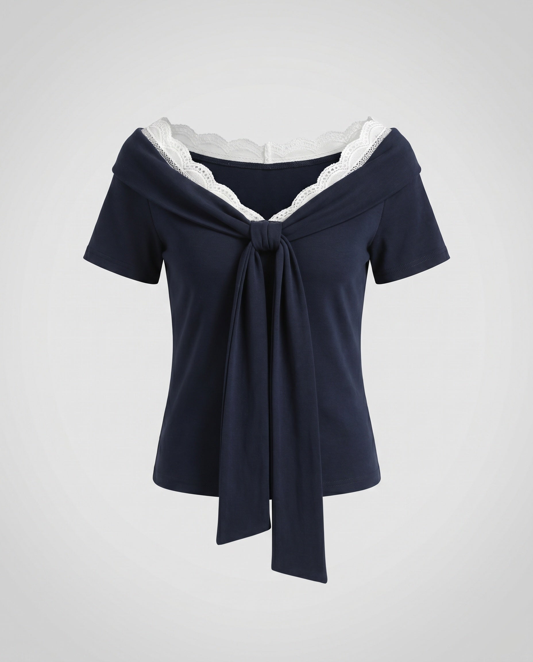 Women's Blouse Shirt with Elegant Lace Neckline and Decorative Bow