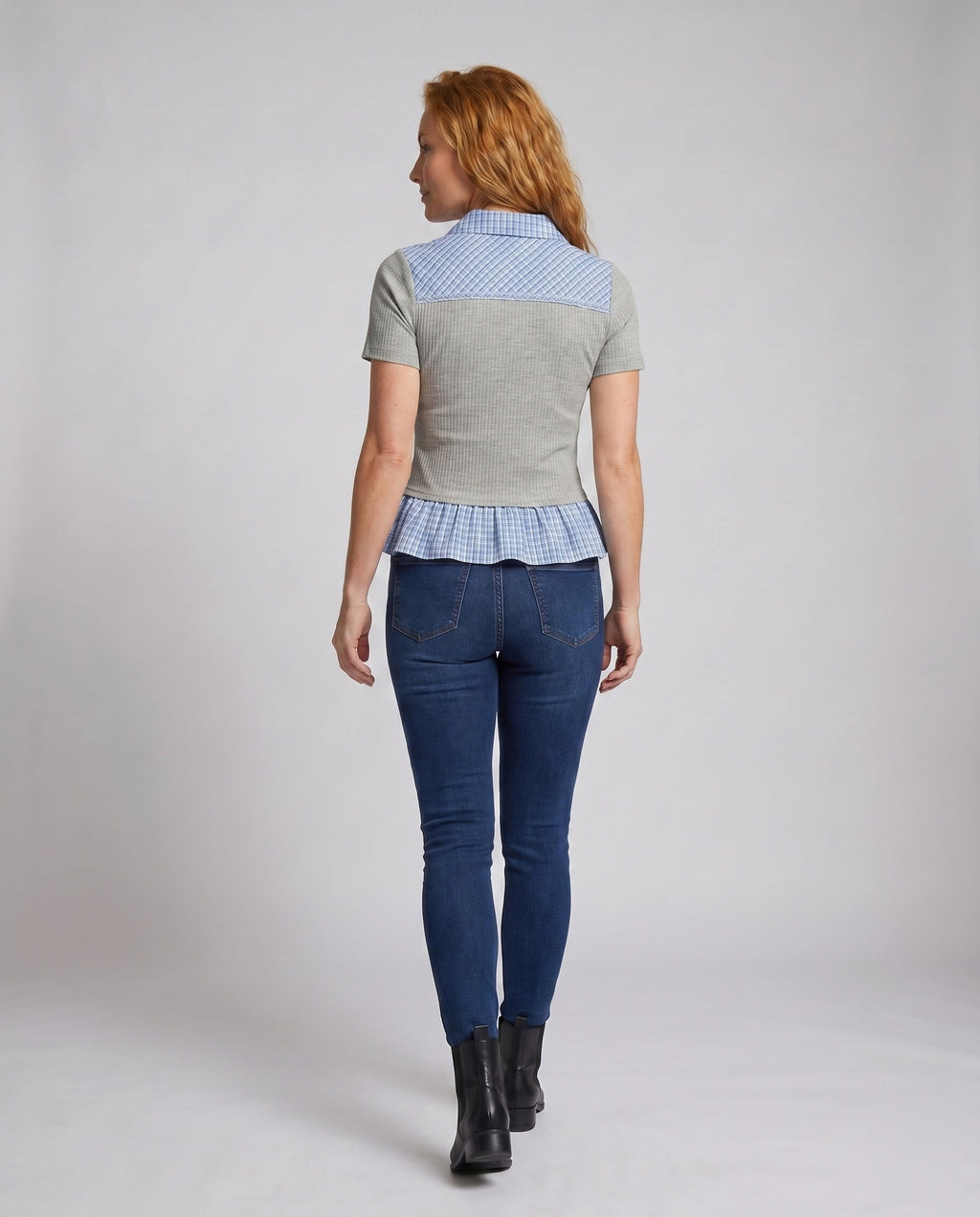 Women's Blouse Shirt with Fashionable Check Details - Back View
