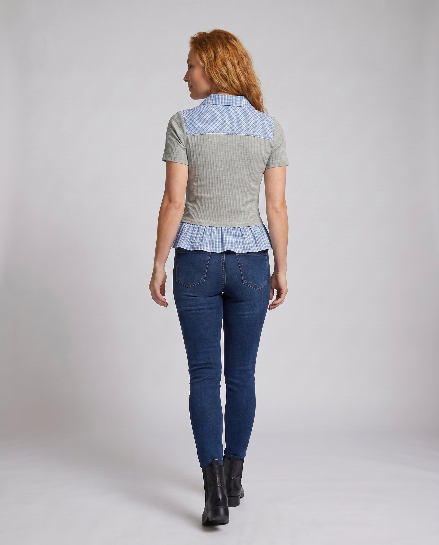 Women's Blouse Shirt with Fashionable Check Details - Back View