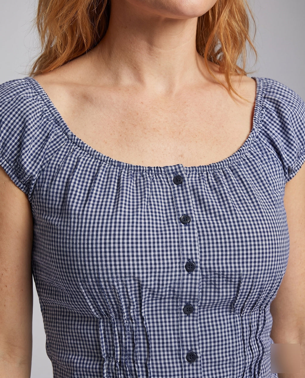 Women's Blouse Shirt with Puff Sleeves and Decorative Buttons - Close-Up Detail