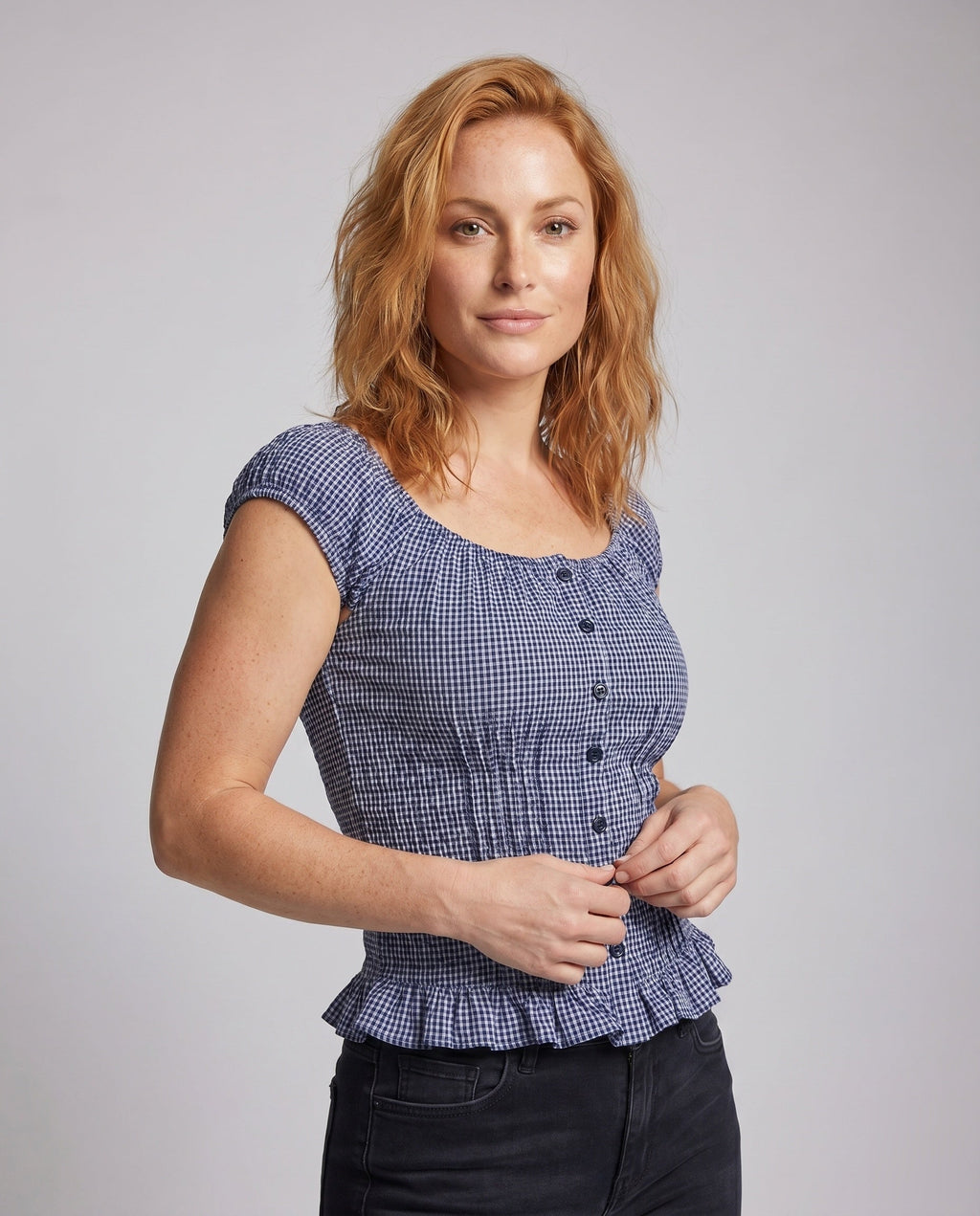 Women's Blouse Shirt with Puff Sleeves and Decorative Buttons - Upper Body View