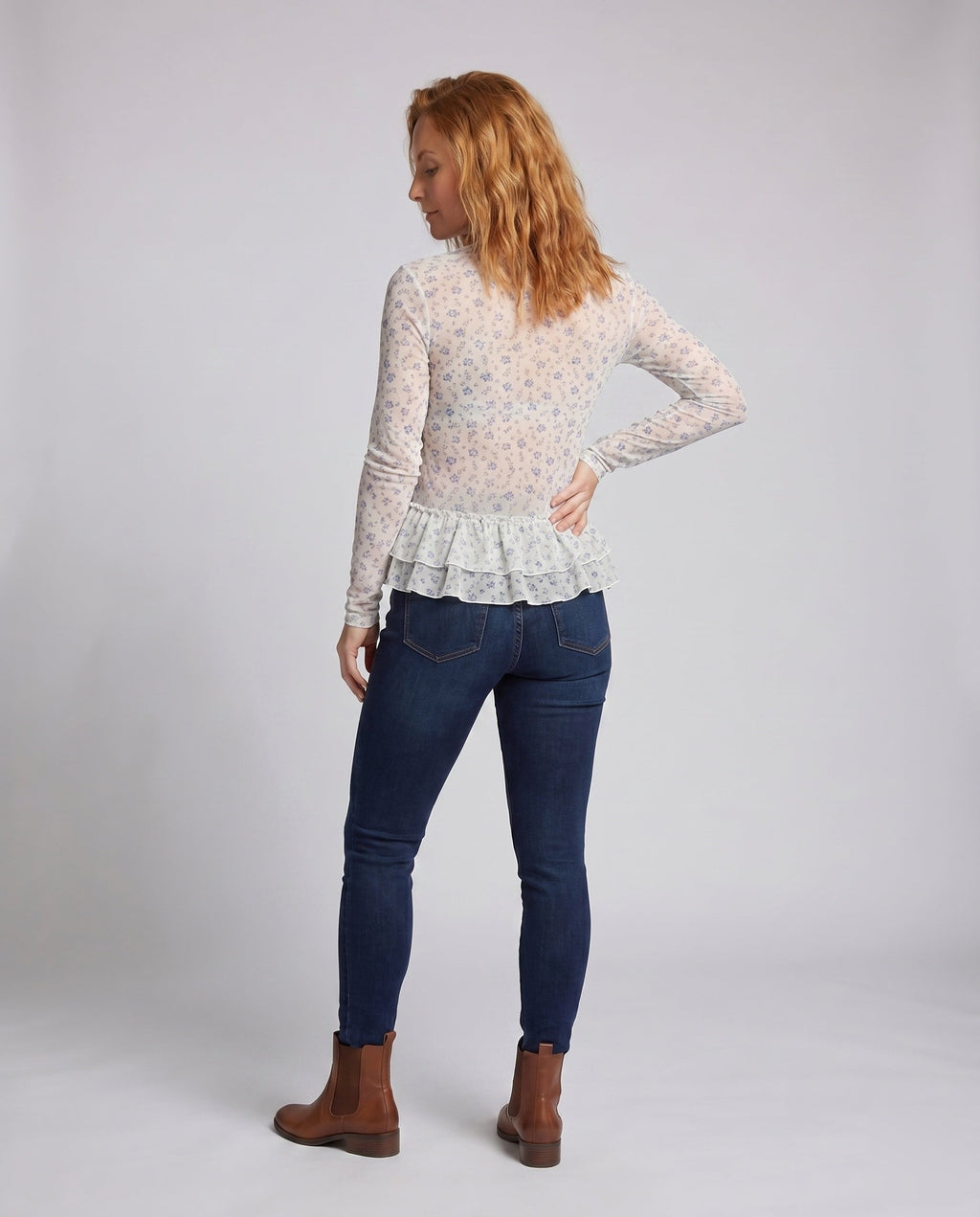 Women's Blouse Shirt with Playful Ruffle Design and Floral Lace - Back View