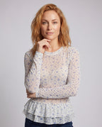 Women's Blouse Shirt with Playful Ruffle Design and Floral Lace - Upper Body View