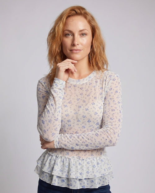Women's Blouse Shirt with Playful Ruffle Design and Floral Lace - Upper Body View