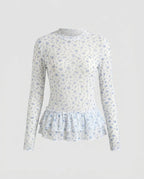 Women's Blouse Shirt with Playful Ruffle Design and Floral Lace