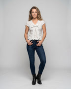 Women's Blouse Shirt with Playful Bow Design and Ruffle Hem - Front View