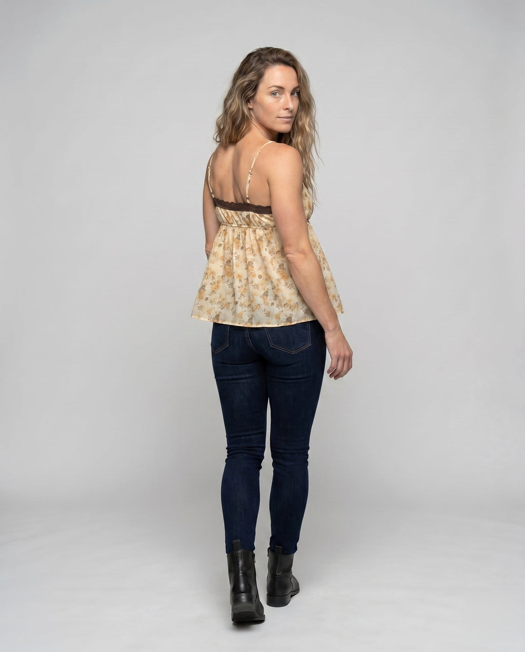 Women's Blouse Top with Floral Accents and Adjustable Straps - Back View