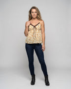 Women's Blouse Top with Floral Accents and Adjustable Straps - Front View