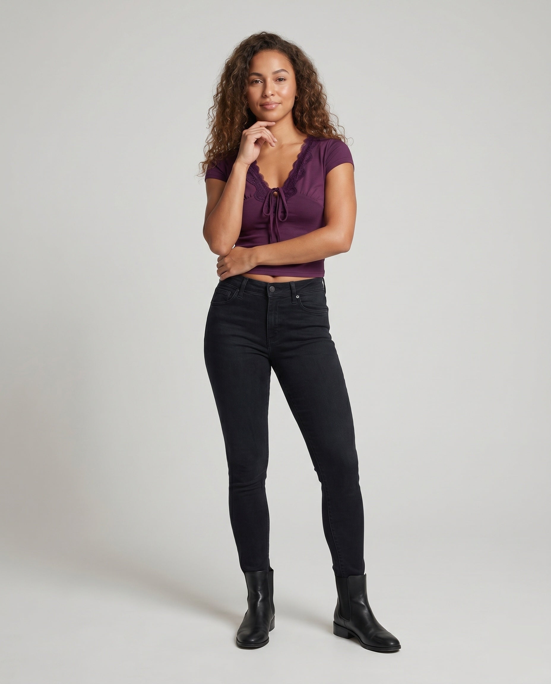 Women's Crop Top with Decorative Lace Embellishment - Front View