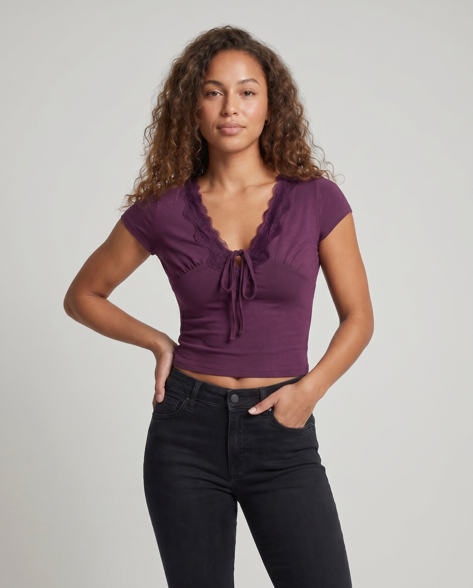 Women's Crop Top with Decorative Lace Embellishment - Upper Body View