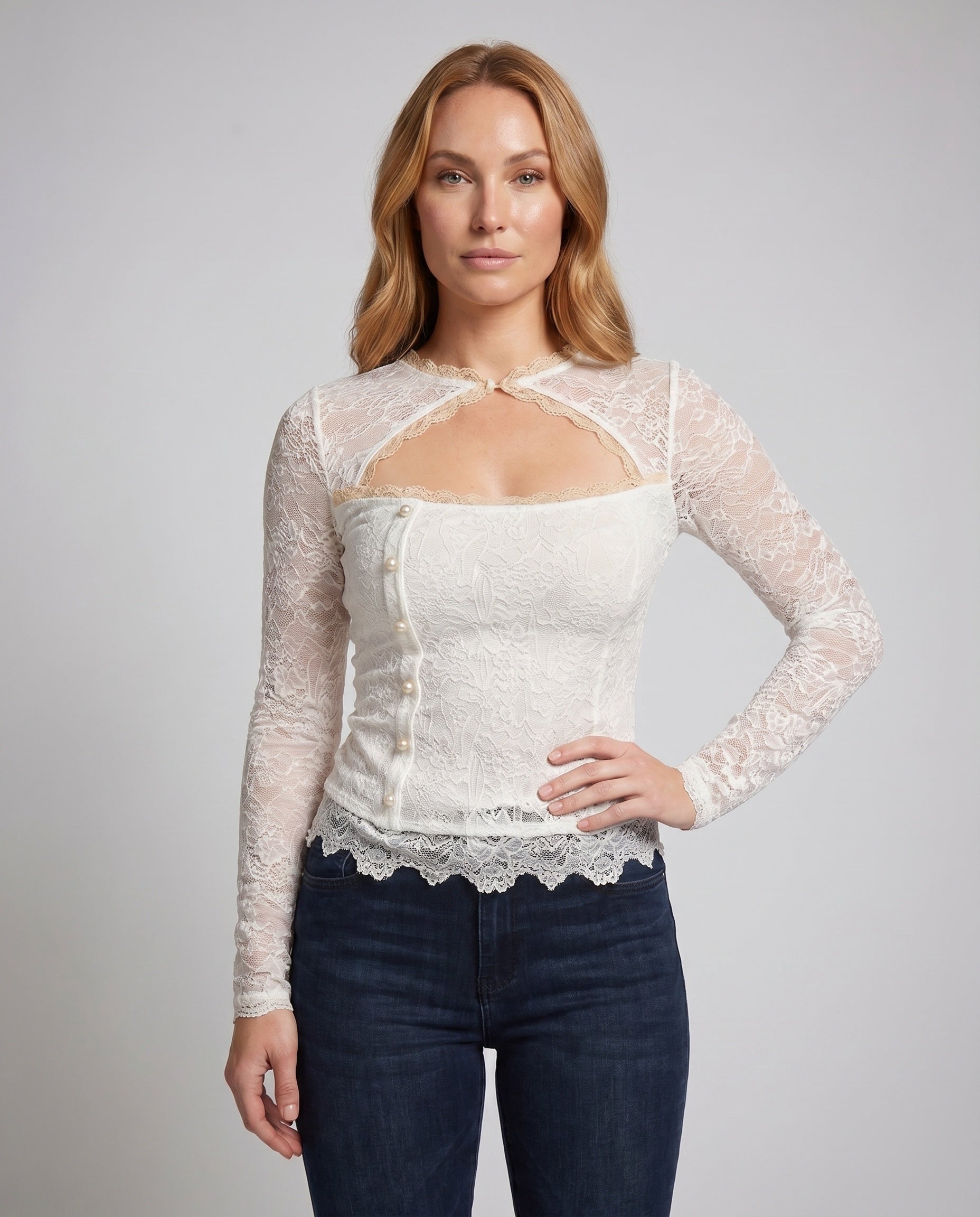 Women's Elegant Lace Top with Long Sleeves - Upper Body View