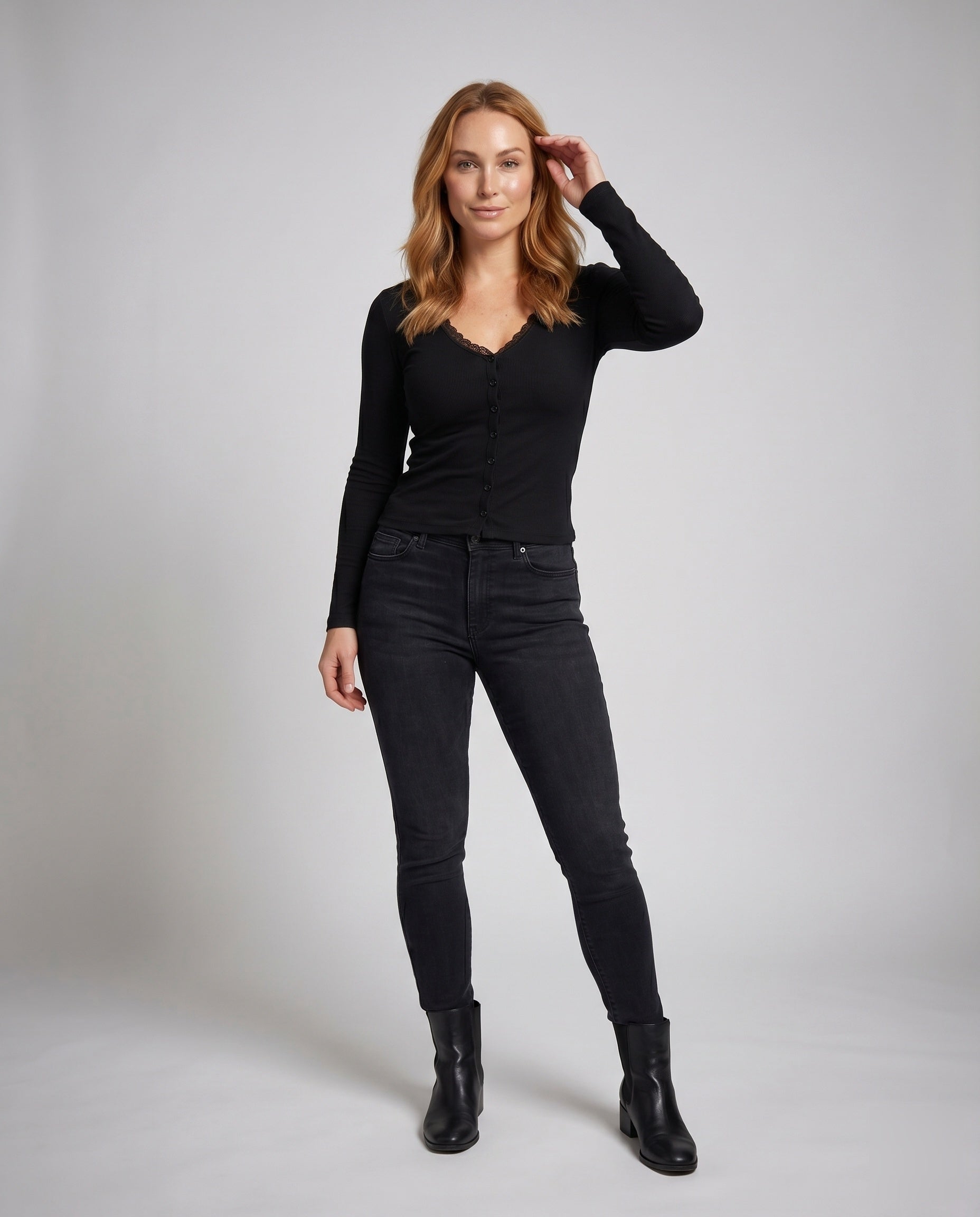 Women's Elegant Cardigan with Delicate Lace and Button Placket - Front View