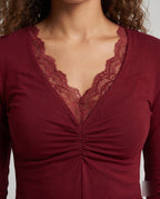 Women's Elegant Top with Lace Accents and Wrap Design - Close-Up Detail