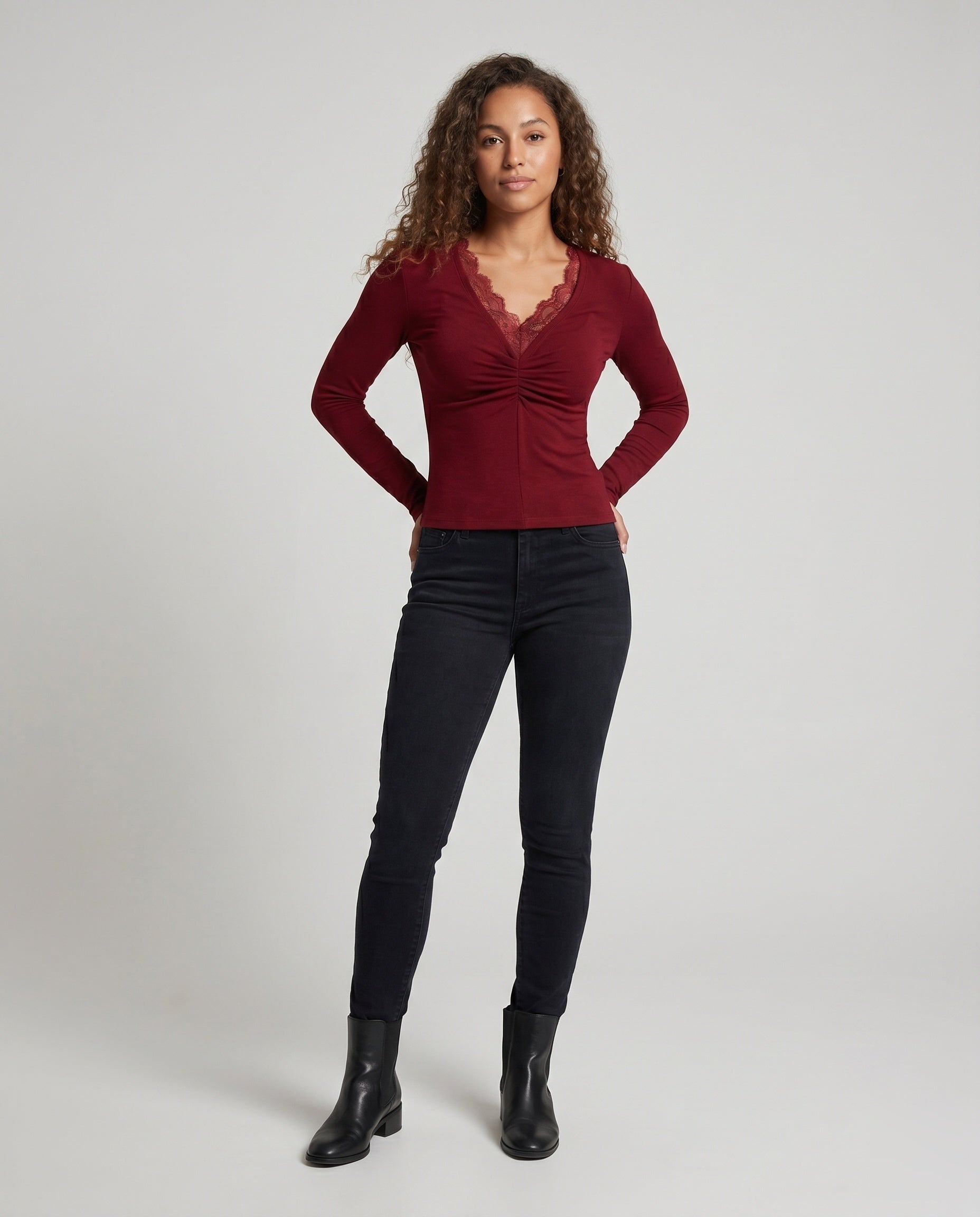 Women's Elegant Top with Lace Accents and Wrap Design - Front View