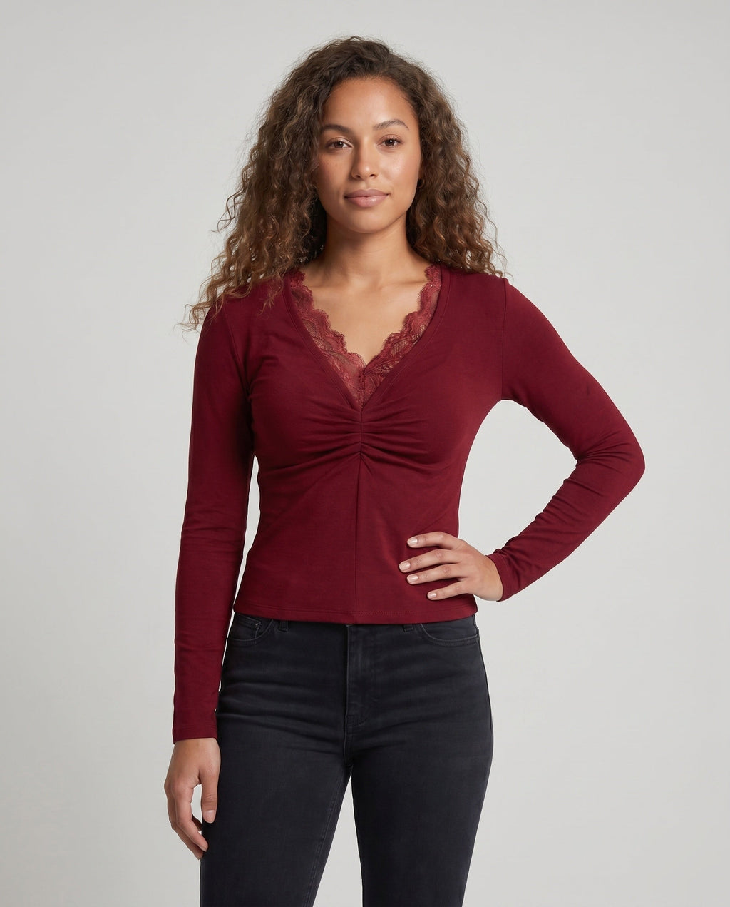 Women's Elegant Top with Lace Accents and Wrap Design - Upper Body View