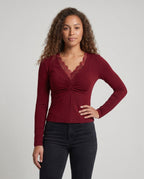 Women's Elegant Top with Lace Accents and Wrap Design - Upper Body View