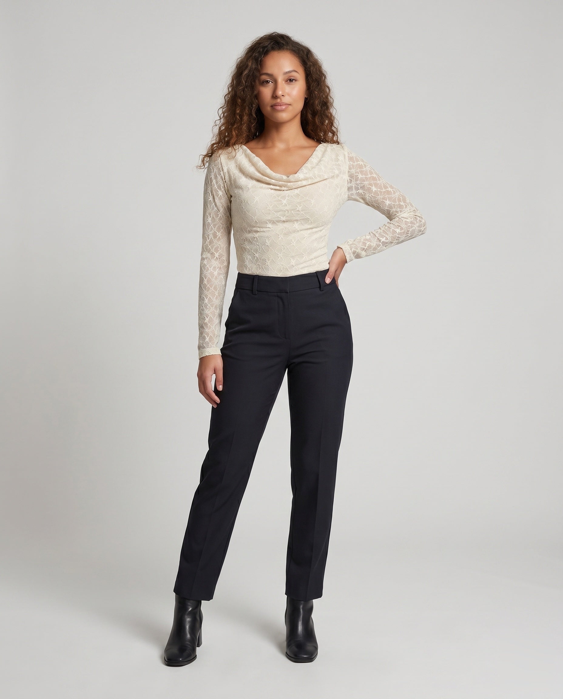 Women's Elegant Top with Soft Waterfall Neckline and Fine Lace Accents - Front View