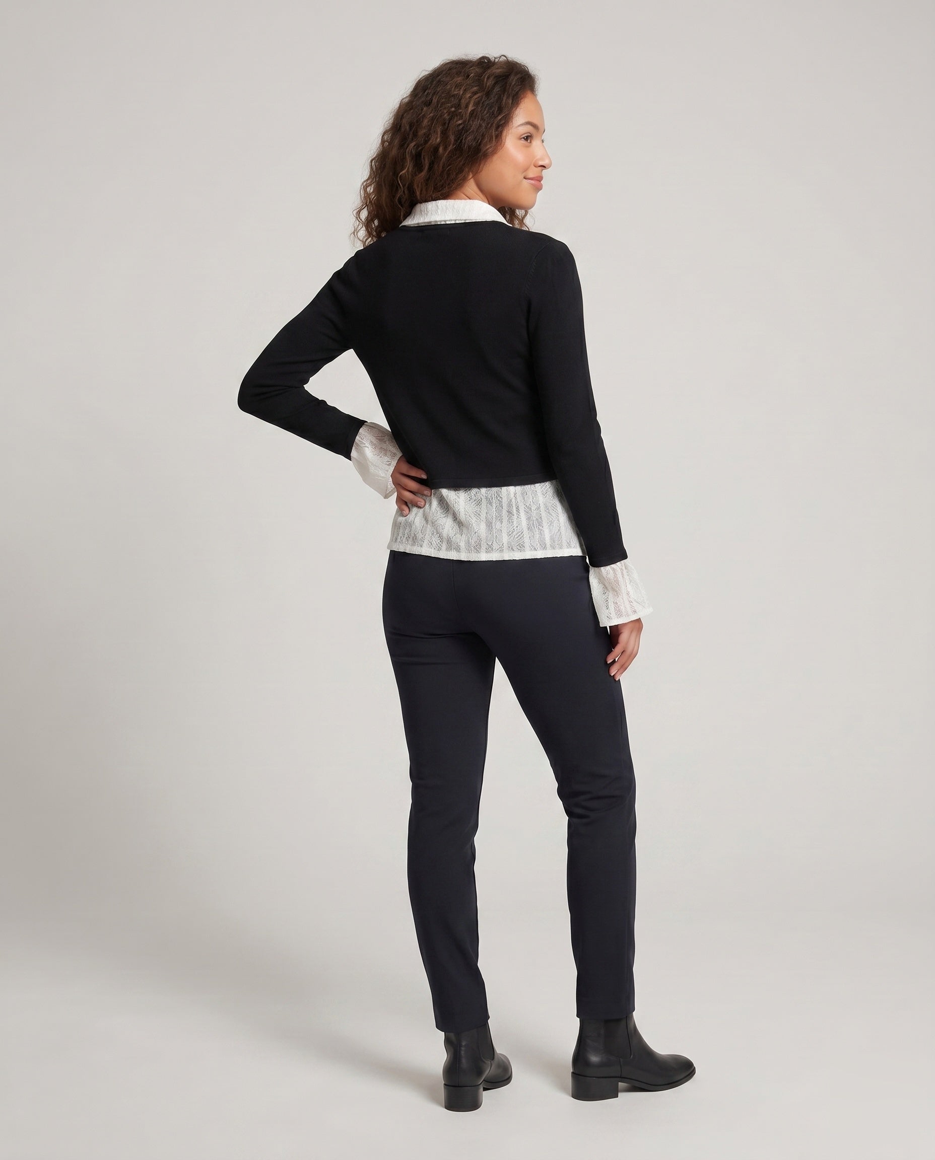 Women's Elegant Cardigan Top with Decorative Ruffles and Fine Lace - Back View