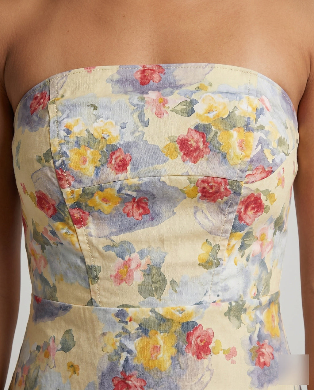 Women's Elegant Strapless Blouse Top with Floral Design - Close-Up Detail
