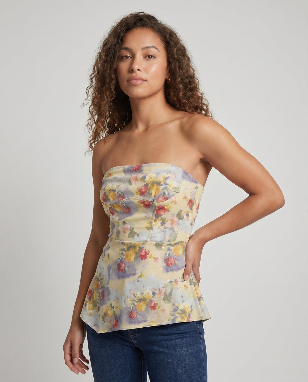 Women's Elegant Strapless Blouse Top with Floral Design - Upper Body View