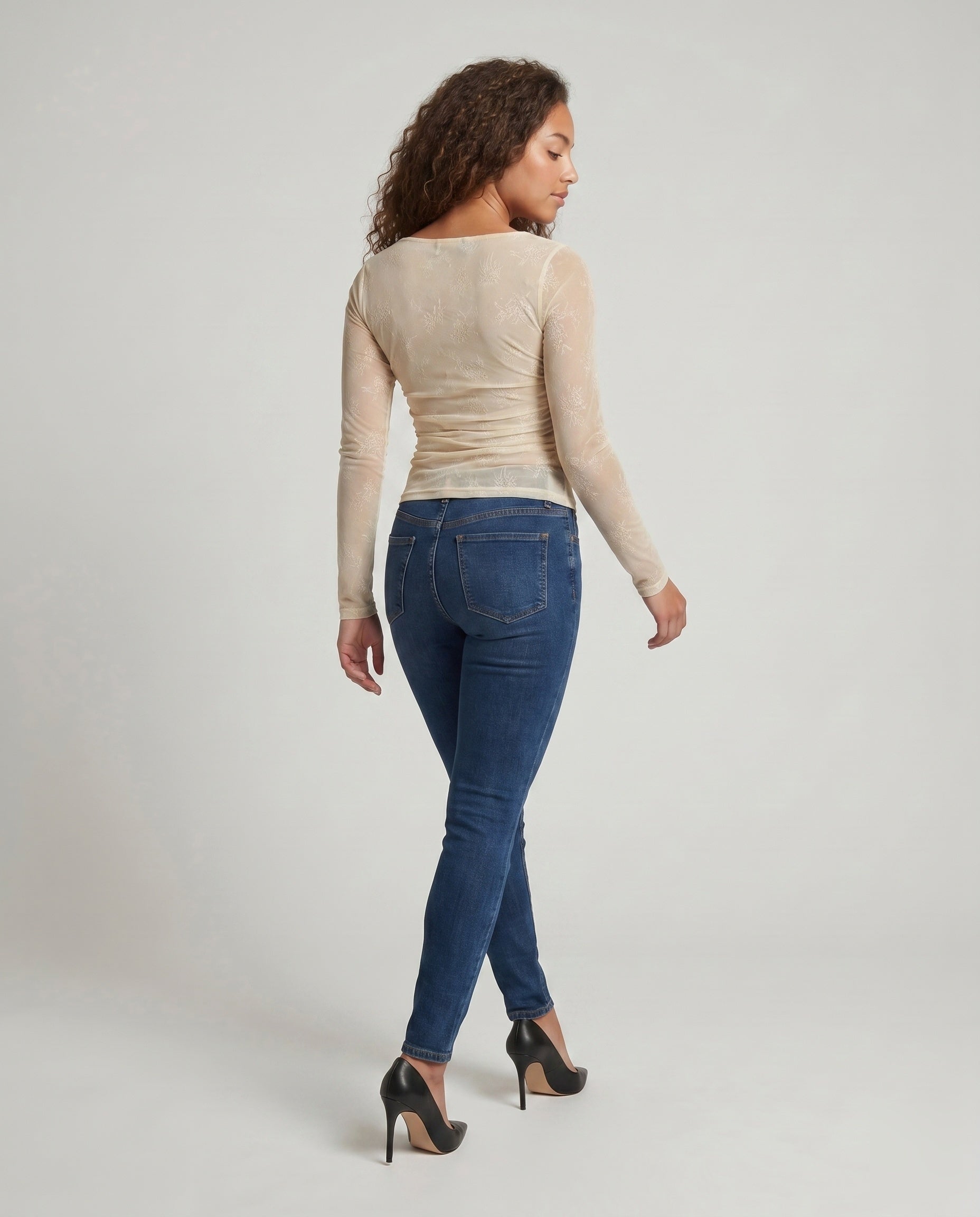 Women's Elegant and Figure-Hugging Lace Dress with Puff Sleeves - Back View