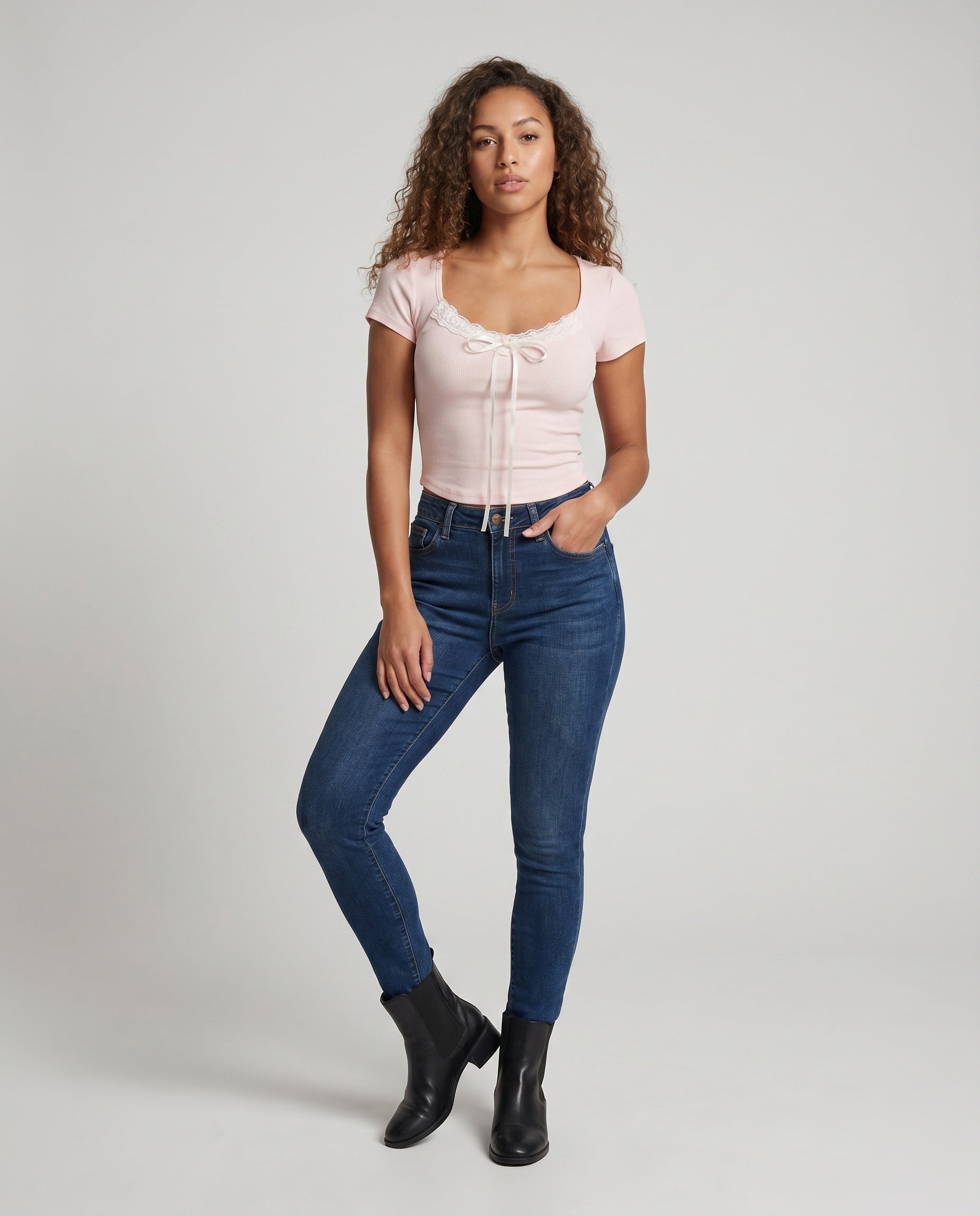 Women's Fitted Short-Sleeve Shirt with Lace Decoration - Front View