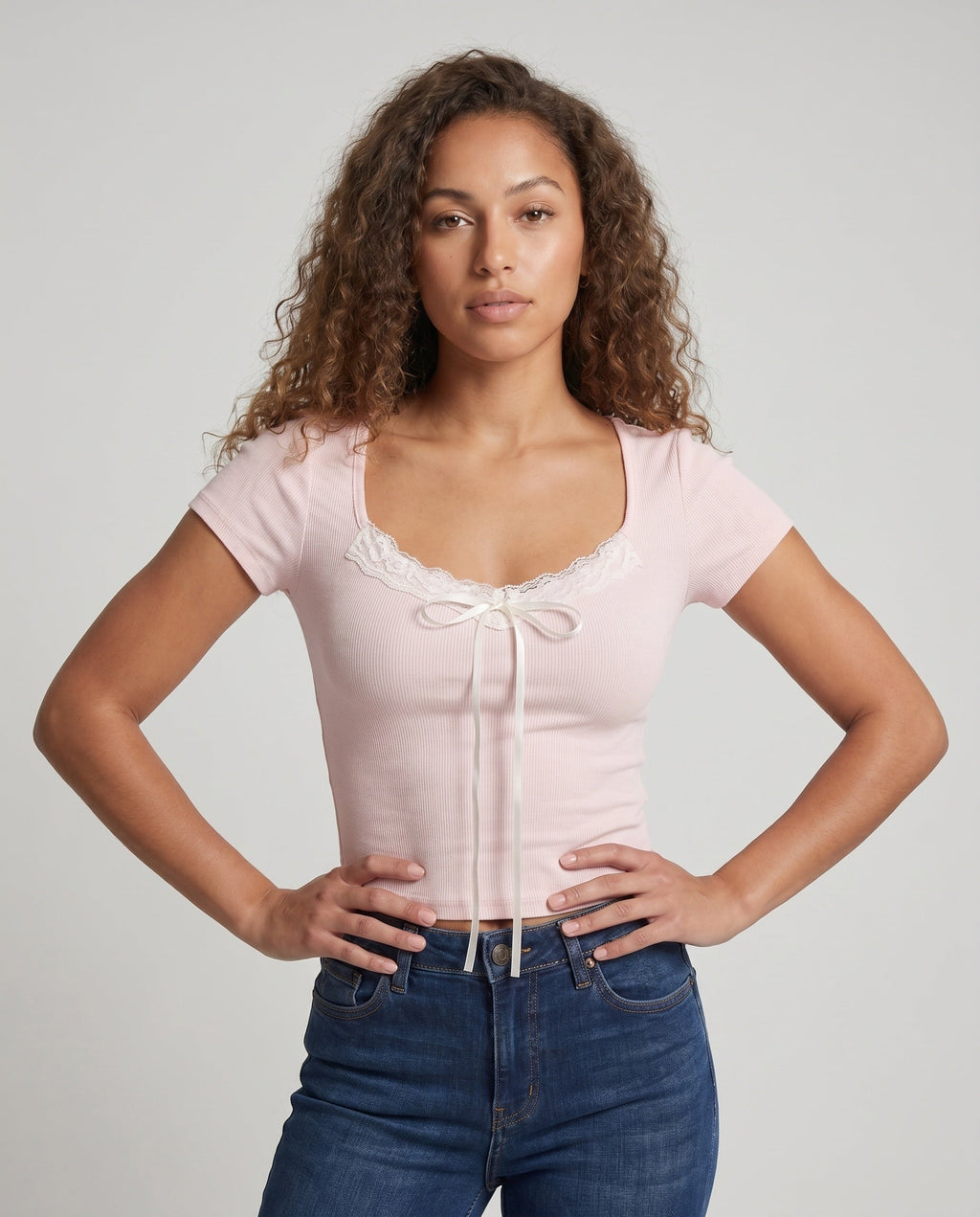 Women's Fitted Short-Sleeve Shirt with Lace Decoration - Upper Body View