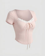 Women's Fitted Short-Sleeve Shirt with Lace Decoration