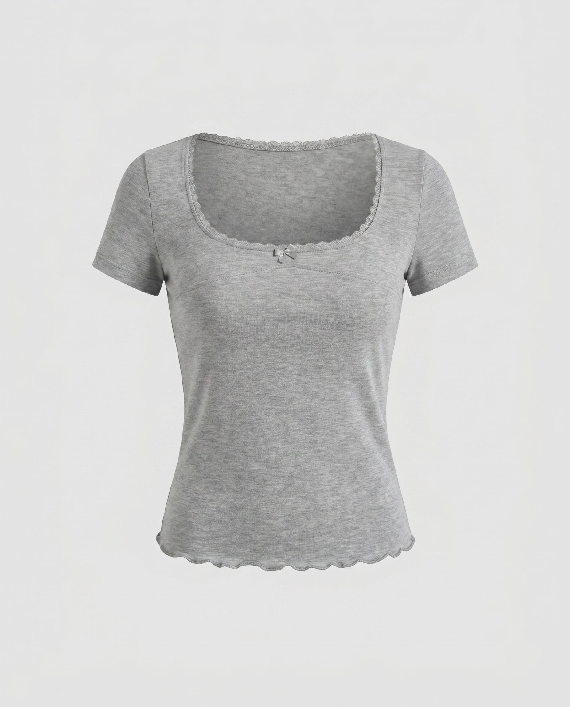 Women's Fitted T-Shirt with Decorative Lace Trim and Charming Bow
