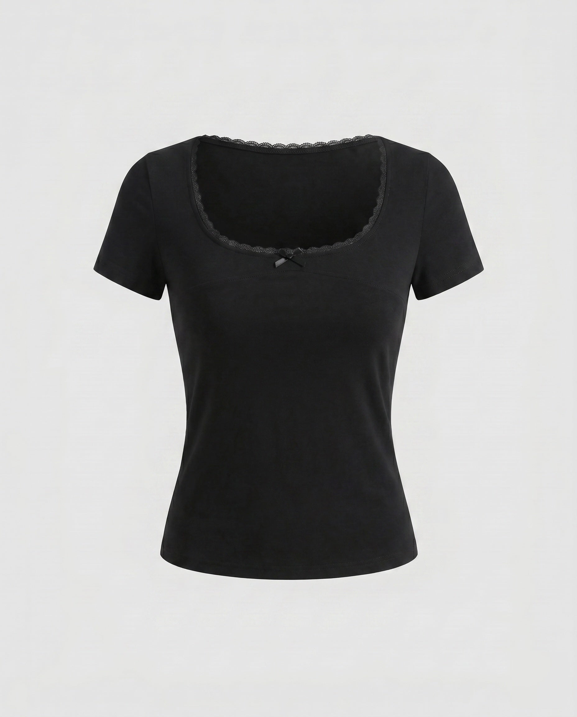 Women's Fitted T-Shirt with Decorative Lace Trim and Charming Bow