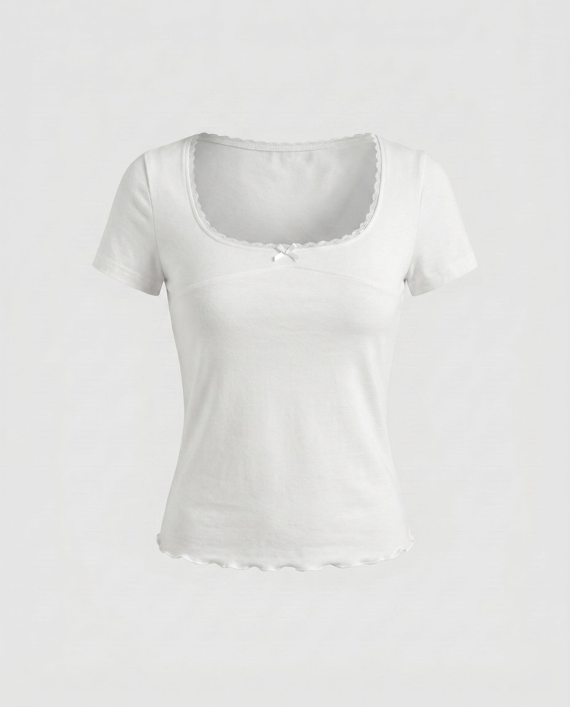 Women's Fitted T-Shirt with Decorative Lace Trim and Charming Bow