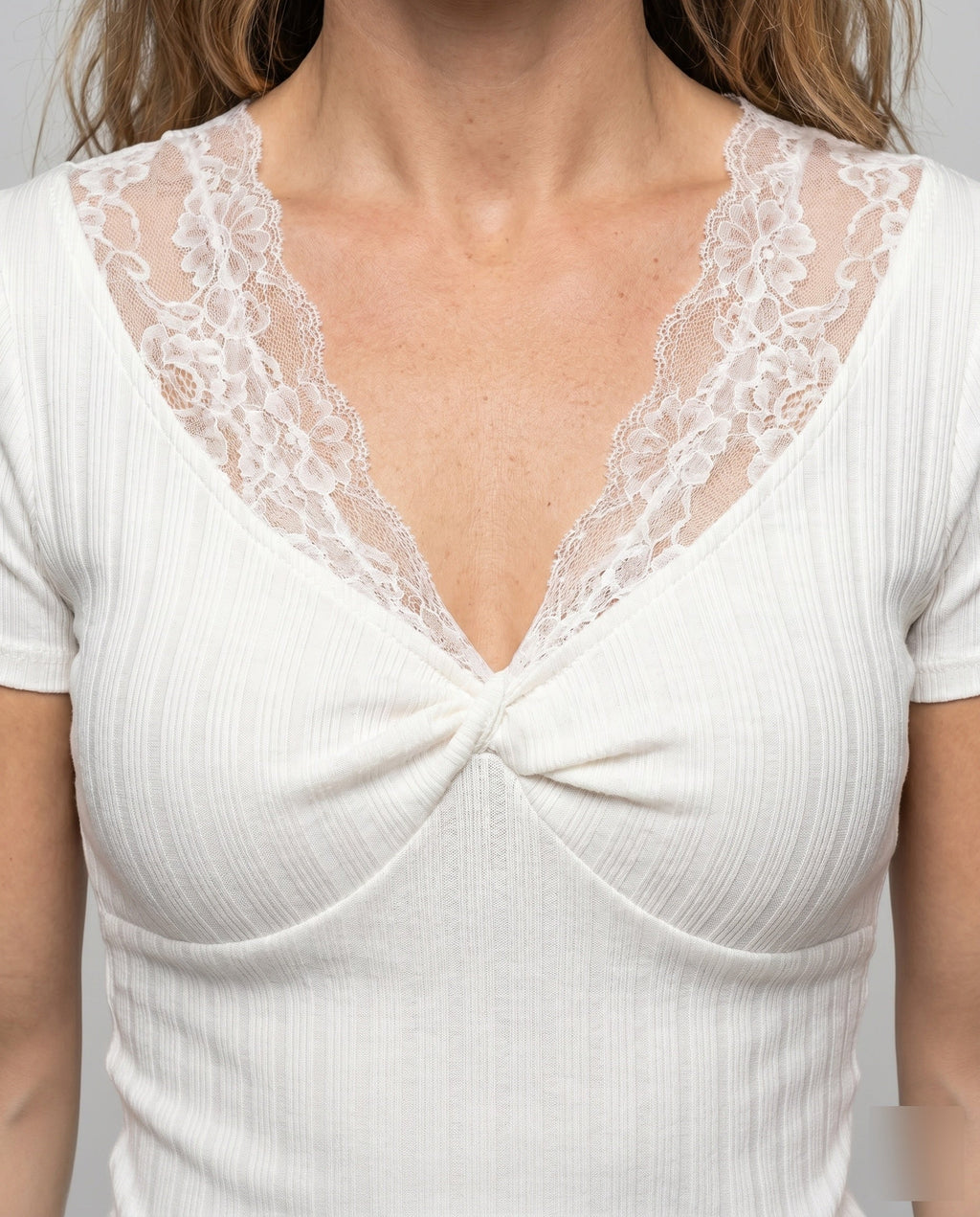 Women's Short Sleeve Lace Top with Elegant V-Neck - Close-Up Detail