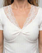 Women's Short Sleeve Lace Top with Elegant V-Neck - Close-Up Detail